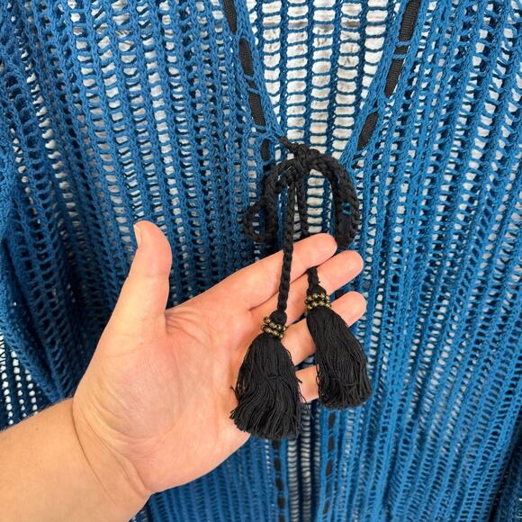 Free People Women's Blue Lattice Open Knit Tie Front Boho Cardigan Size Medium - Picture 12 of 12